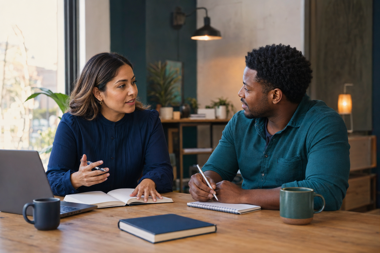 Bilingual professional speaking with a small-business client in a welcoming workspace