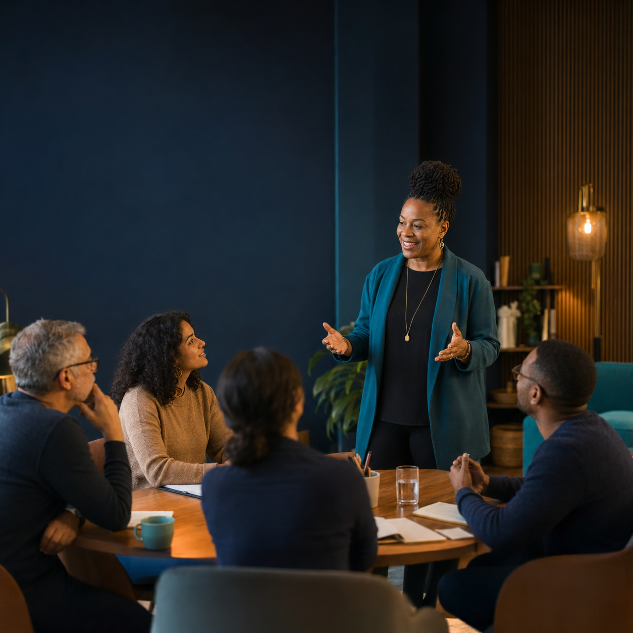Diverse adults participating in a warm professional community workshop