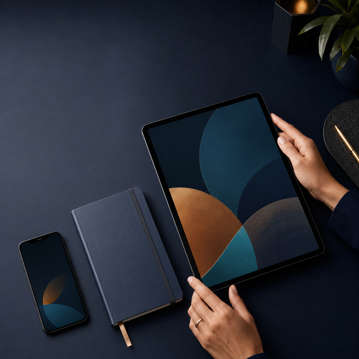 Tablet, notebook, and phone arranged as a polished digital guide campaign