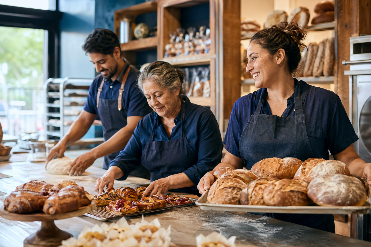 Multigenerational family working together in a welcoming neighborhood bakery