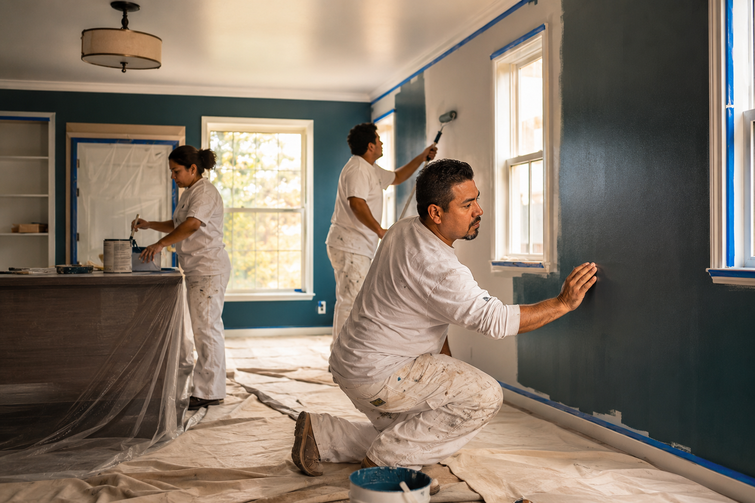 Professional residential painting crew carefully preparing a home interior