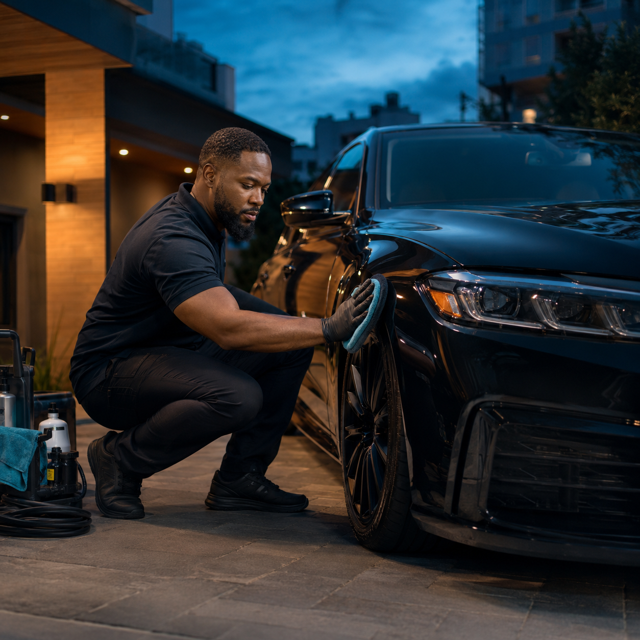 Professional mobile detailer polishing a dark luxury sedan